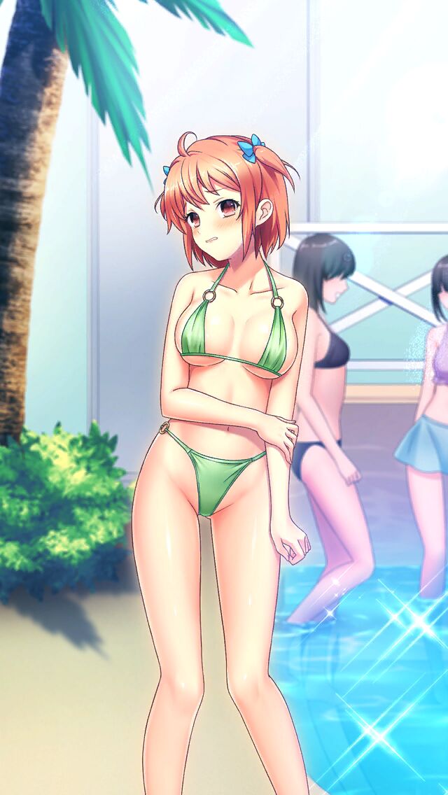 3girls ahoge bare_arms bare_legs bikini black_bikini blue_bow blue_skirt blush bow breasts brown_eyes clenched_teeth collarbone doukyuusei_another_world embarrassed game_cg green_bikini hair_bow halterneck highleg highleg_bikini medium_breasts miniskirt multiple_girls navel o-ring o-ring_bikini orange_hair palm_tree poolside sendou_chika shiny shiny_hair short_hair sideboob skirt soaking_feet solo_focus standing swimsuit teeth tree two_side_up underboob