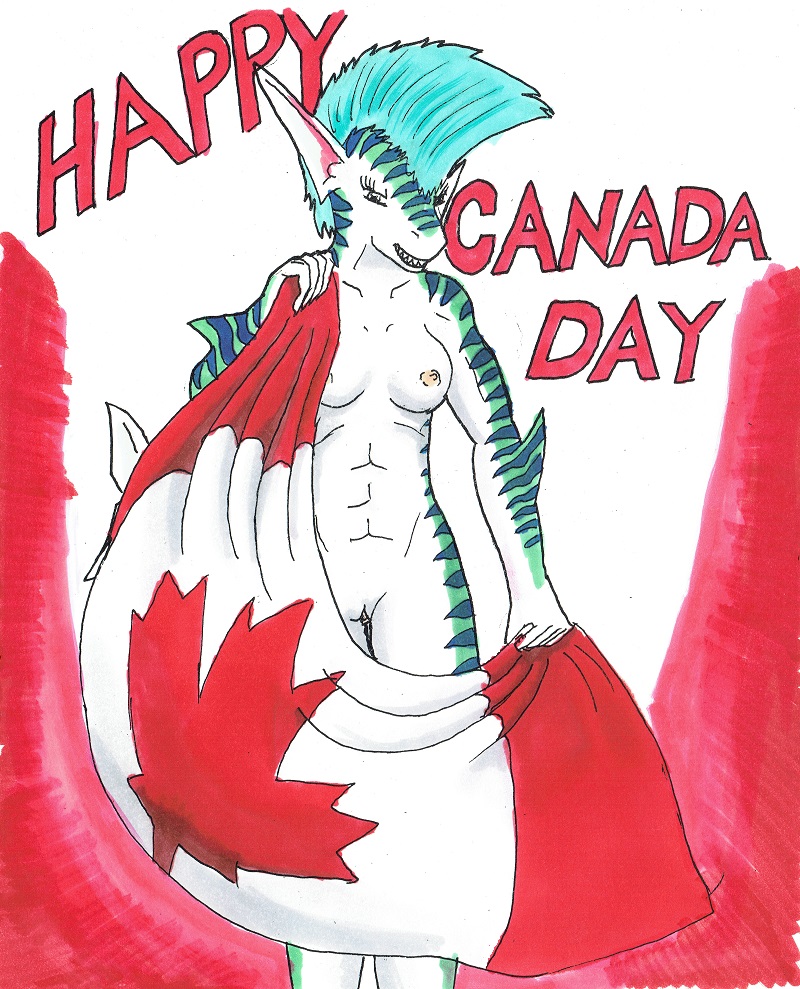 abs anthro breasts canadaday2022 female fin fish flag genitals mapleleaf marine nude nyghtmar3 pussy roxy shark smile solo standing tigershark traditionalart