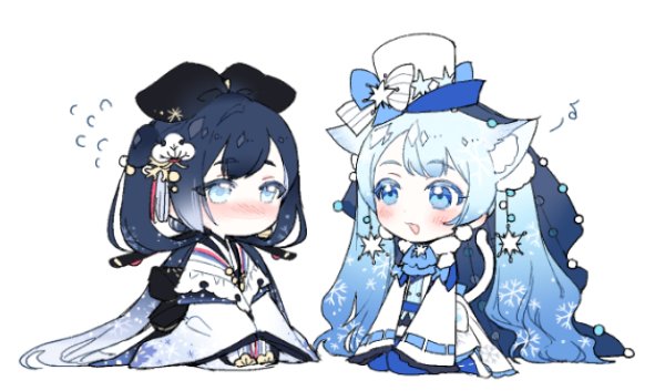 2girls :d animal_ear_fluff animal_ears ascot bangs beads black_hair blue_ascot blue_eyes blue_hair blue_legwear blush bow cat_ears cat_girl cat_tail chibi dress dual_persona earrings eknow flying_sweatdrops full_body gradient_clothes gradient_hair hair_ornament hair_ribbon hair_rings hair_stick happy hat hat_bow hatsune_miku humming japanese_clothes jewelry kemonomimi_mode kimono long_hair long_sleeves looking_at_another multicolored_hair multiple_girls musical_note nervous no_mouth pantyhose pom_pom_(clothes) pom_pom_earrings pom_pom_hair_ornament ribbon ribbon-trimmed_sleeves ribbon_trim seiza shoes sitting sleeves_past_fingers sleeves_past_wrists smile snowflake_print streaked_hair swept_bangs tail tassel tassel_hair_ornament top_hat twintails veil very_long_hair vocaloid white_background white_dress white_footwear white_hair white_headwear white_kimono wide_sleeves yuki_miku