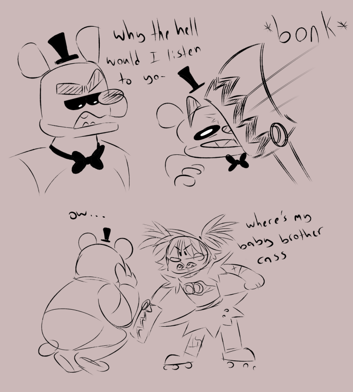 2020 abuse android angry animatronic anthro bottomwear bow_tie brother brother_and_sister cassidy_(fnaf) clothed clothing clown clown_nose crouching dialogue duo elizabeth_afton_(fnaf) english_text female five_nights_at_freddy's freddy_fazbear's_pizzeria_simulator frown fully_clothed golden_freddy_(fnaf) hand_on_head hat headgear headwear hitting humanoid machine male mammal open_frown open_mouth pain pigtails robot rollerskates scottgames scrap_baby_(fnaf) sibling sister sketch skirt skkortysoup talking_to_another text top_hat ursid video_games violence white_eyes