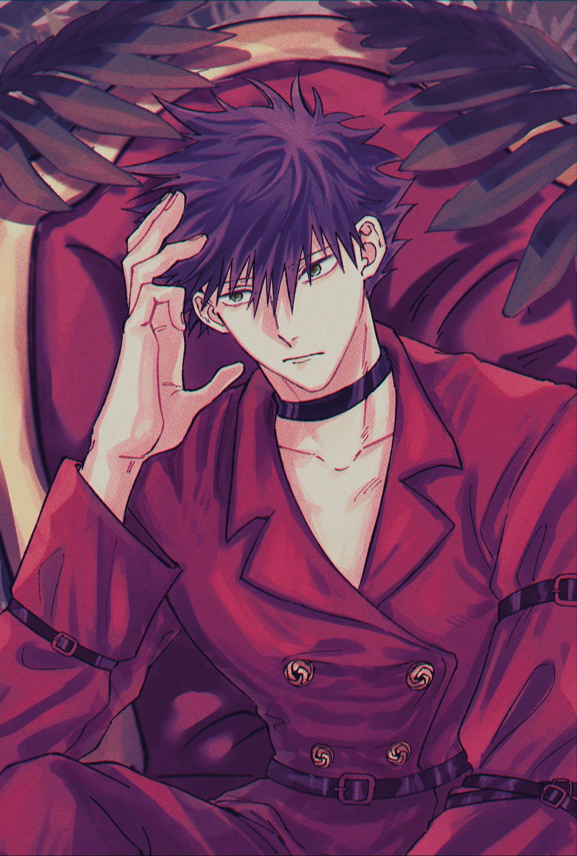 1boy arm_belt bangs belt black_choker black_hair buttons choker closed_mouth collarbone commentary_request fushiguro_megumi fushirun_rung green_eyes hair_between_eyes hand_up highres indoors jacket jujutsu_kaisen korean_commentary long_sleeves looking_to_the_side male_focus palm_tree pants red_jacket red_pants short_hair sitting solo spiked_hair throne tree