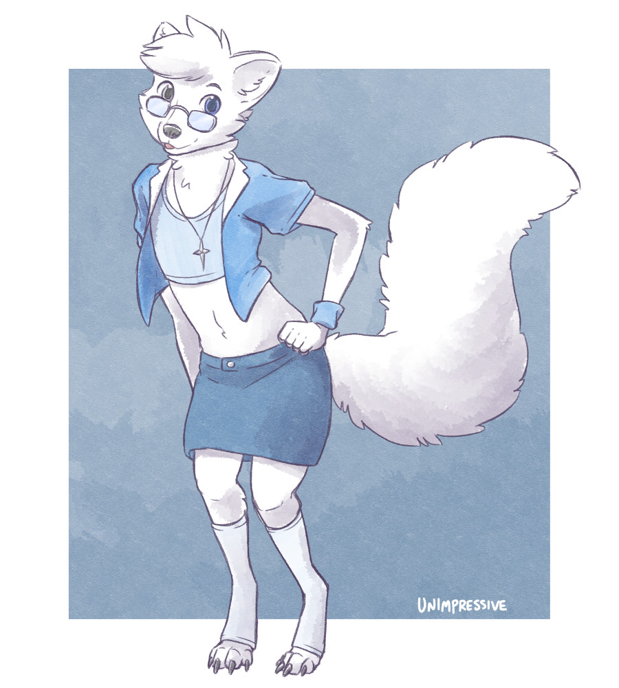 2022 4_toes 5_fingers anthro arctic_fox blue_eyes canid canine clothed clothing crossdressing digital_media_(artwork) eyewear feet fingers fox fur glasses looking_at_viewer male mammal smile solo toes unimpressive white_body white_fur