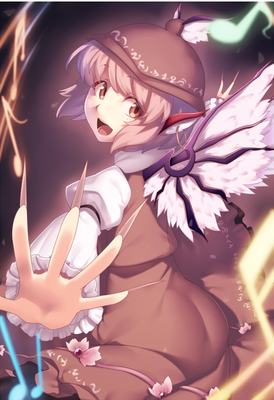 1girl :d ass bangs beamed_sixteenth_notes black_background brown_eyes brown_headwear brown_skirt brown_vest cowboy_shot earrings eighth_note fingernails foreshortening frilled_sleeves frills from_behind hat head_tilt head_wings jewelry juliet_sleeves kaiza_(rider000) long_fingernails long_sleeves looking_at_viewer looking_back musical_note mystia_lorelei open_mouth outstretched_arms pink_hair pink_wings puffy_sleeves quarter_note sharp_fingernails shirt short_hair skirt skirt_set smile solo touhou vest white_shirt wings