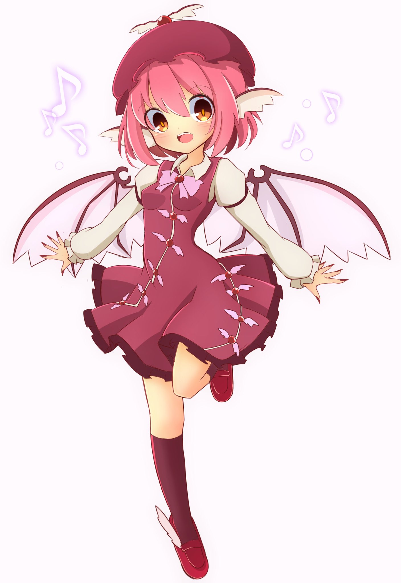 1girl animal_ears bird_ears bird_wings black_legwear blush brown_dress brown_footwear brown_nails dress eighth_note fingernails frilled_dress frills full_body hair_between_eyes highres inon kneehighs long_fingernails long_sleeves musical_note mystia_lorelei nail_polish open_mouth pink_hair sharp_fingernails shoes short_hair solo touhou white_headwear winged_footwear winged_hat wings yellow_eyes