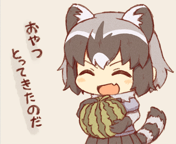 1girl :d animal_ears bangs blush chibi closed_eyes common_raccoon_(kemono_friends) fang food fruit gloves grey_hair holding holding_food holding_fruit kata_meguma kemono_friends medium_hair multicolored_hair open_mouth pleated_skirt raccoon_ears raccoon_girl raccoon_tail short_sleeves skin_fang skirt smile solo tail translation_request v-shaped_eyebrows watermelon white_hair