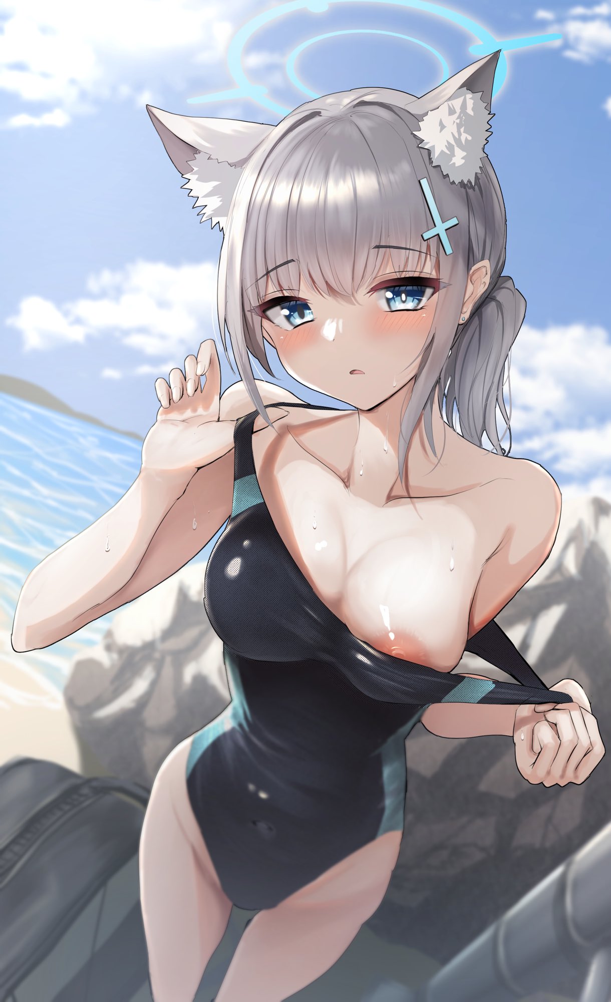 1girl animal_ear_fluff animal_ears areola_slip bag beach blue_archive blue_eyes blue_sky blurry blurry_background blush breasts bright_pupils cleavage clothes_pull cloud cloudy_sky commentary_request competition_swimsuit cross_hair_ornament duffel_bag grey_hair hair_ornament halo highleg highleg_swimsuit highres large_breasts mismatched_pupils one-piece_swimsuit parted_lips ponytail pulled_by_self shiroko_(blue_archive) shiroko_(swimsuit)_(blue_archive) sidelocks sky solo swimsuit swimsuit_pull take_(trude1945oneetyan) two-tone_swimsuit white_pupils