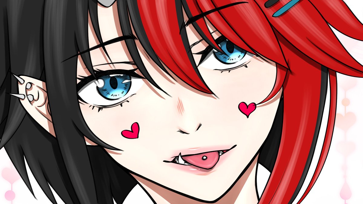 1girl bangs black_hair blue_eyes breasts chika_h_sat commentary_request ear_piercing face facial_tattoo heart heart_tattoo horns looking_at_viewer multicolored_hair open_mouth piercing pointy_ears red_hair ryugasaki_rene solo sugar_lyric tattoo tongue tongue_out tongue_piercing virtual_youtuber