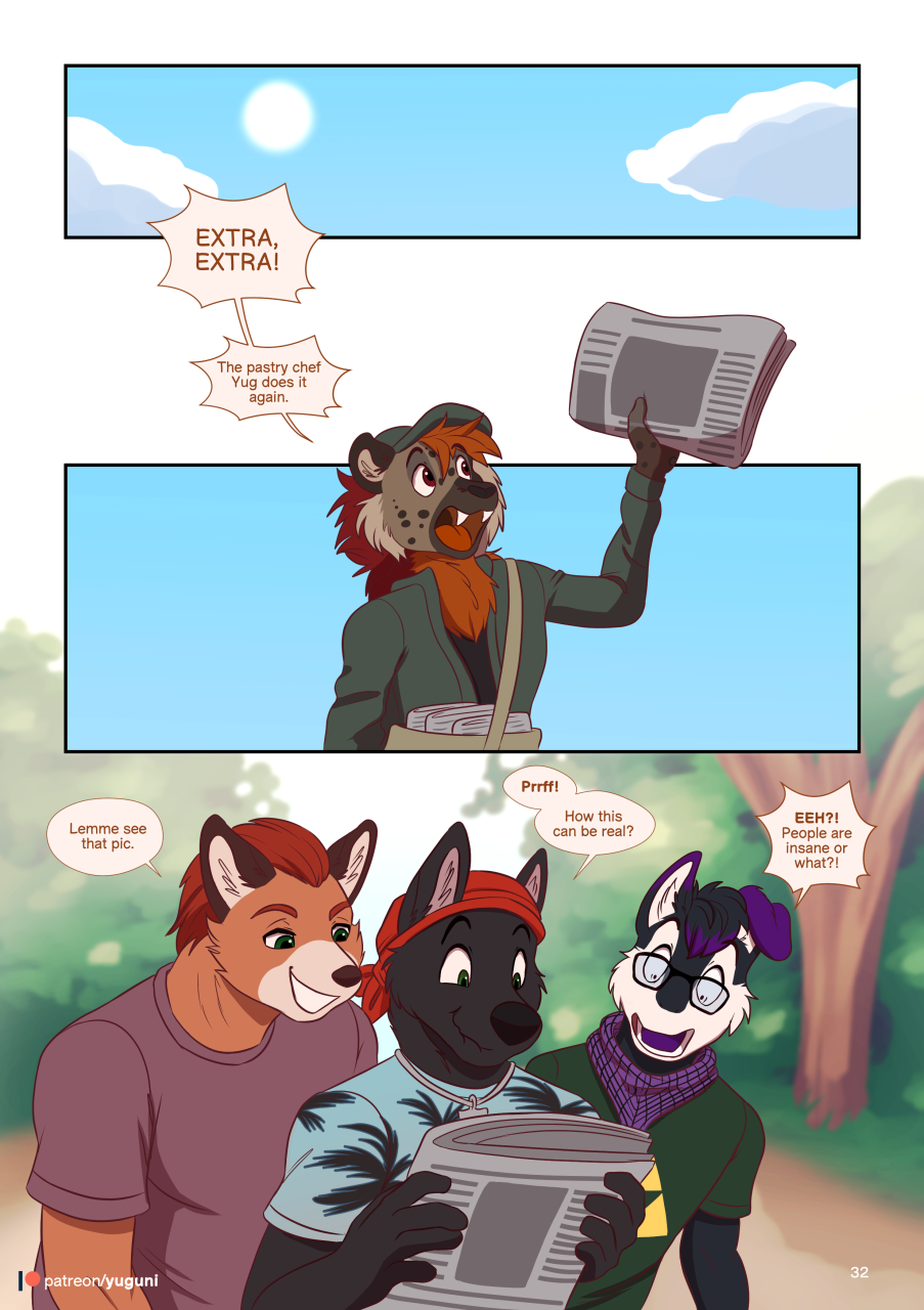 ambiguous_gender anthro bandanna canid canine canis clothed clothing comic english_text eyewear flamey fully_clothed glasses green_eyes group happy hi_res hyaenid kerchief lupine_assassin male mammal newspaper outside shocked smile spotted_hyena sun text wolf yuguni