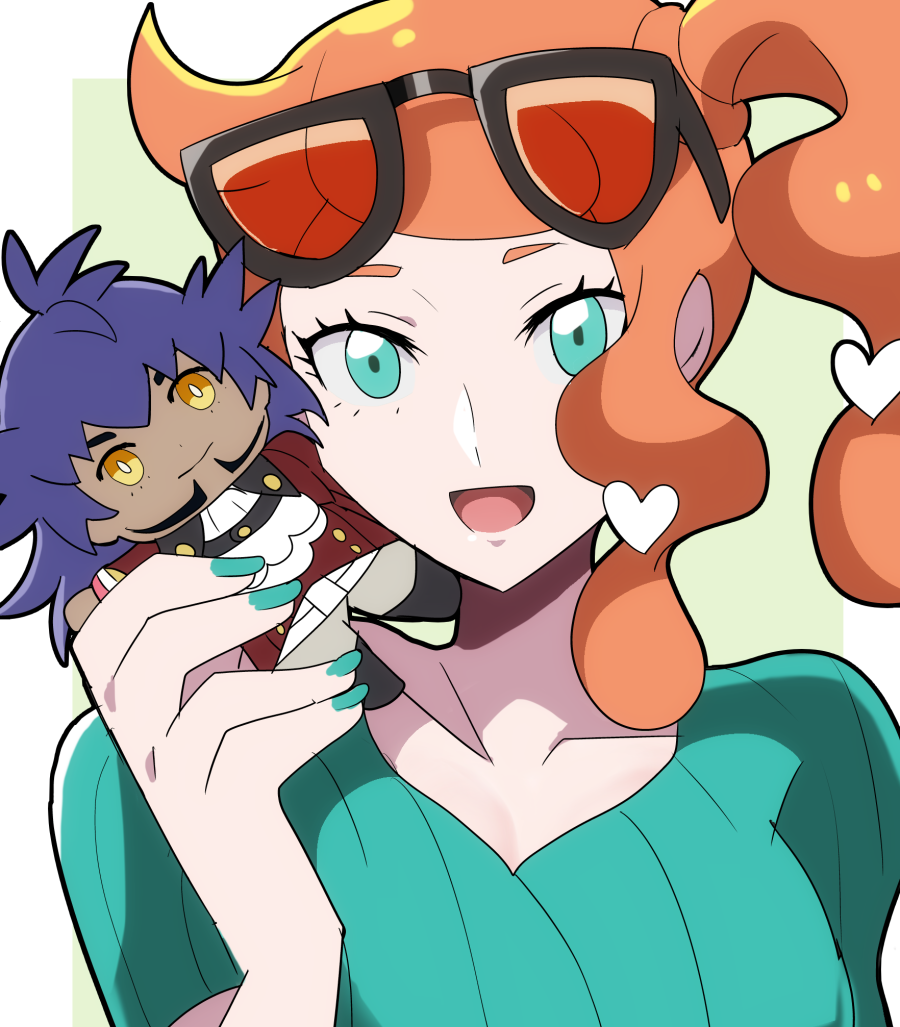 1girl blue_shirt breasts character_doll doll eyewear_on_head green_eyes hair_ornament heart heart_hair_ornament leon_(pokemon) nail_polish orange_hair pokemon pokemon_(game) pokemon_swsh rem_sora410 shirt short_sleeves side_ponytail solo sonia_(pokemon) sunglasses