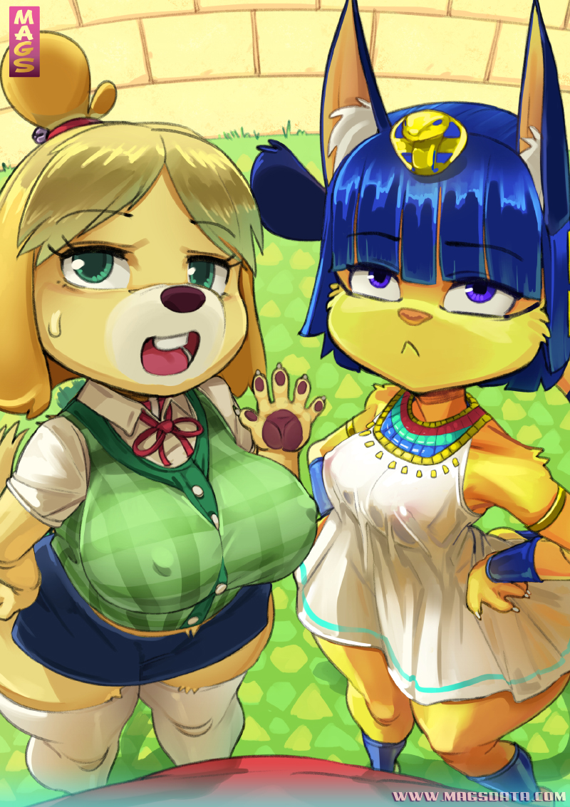 2022 5_fingers animal_crossing ankha_(animal_crossing) anthro breasts canid canine canis clothed clothing digital_media_(artwork) domestic_cat domestic_dog eyebrows eyelashes felid feline felis female fingers inner_ear_fluff isabelle_(animal_crossing) legwear looking_at_viewer mammal nintendo nipple_outline open_mouth pornomagnum shih_tzu toy_dog tuft video_games
