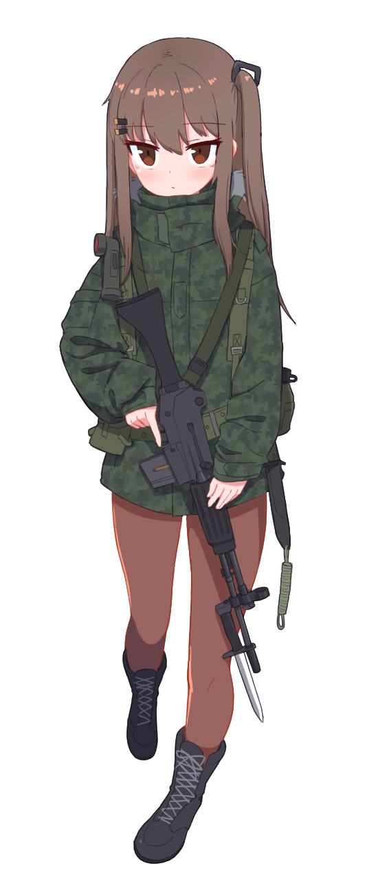 1girl bangs bayonet black_footwear boots brown_eyes brown_hair brown_legwear camouflage camouflage_jacket closed_mouth daewoo_k2 full_body girls'_frontline gun hair_ornament highres holding holding_gun holding_weapon jacket jagd k2_(girls'_frontline) long_hair looking_at_viewer military military_uniform pantyhose simple_background solo standing trigger_discipline uniform weapon white_background