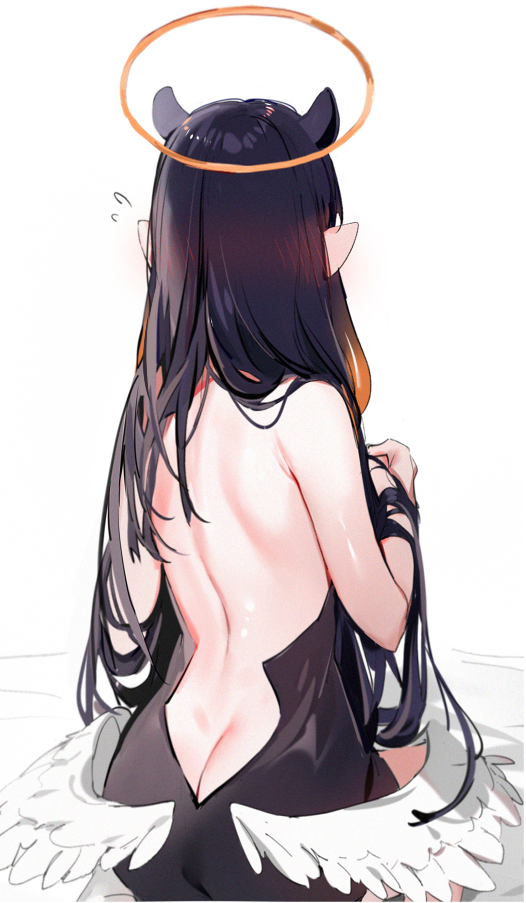 1girl animal_ears back backless_dress backless_outfit bare_back black_dress blonde_hair blush butt_crack dress facing_away flying_sweatdrops from_behind gradient_hair hair_blush halo highres hololive hololive_english long_hair low_wings multicolored_hair ninomae_ina'nis on_bed pointy_ears purple_hair silver_(chenwen) simple_background sitting solo very_long_hair virtual_youtuber white_background white_wings wings