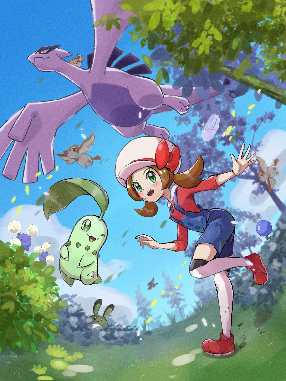 1girl :3 alternate_color blush brown_hair cabbie_hat chikorita cloud falling_leaves feathers flying grass hat highres inana_umi jumpluff leaf lugia lyra_(pokemon) marill open_mouth overalls pidgey pokemon pokemon_(creature) pokemon_(game) pokemon_hgss sentret shiny_pokemon sky standing tail thighhighs tree twintails wings