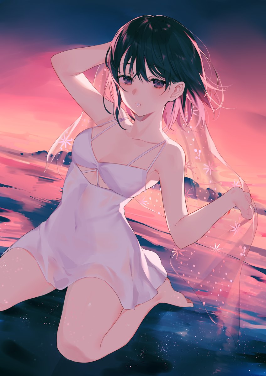 1girl achiki arm_up backlighting bad_link bangs bare_arms bare_shoulders beach black_hair blush breasts closed_mouth collarbone dress dutch_angle gradient_sky highres kneeling multicolored_hair on_ground original outdoors pink_hair purple_eyes see-through short_hair sky sleeveless sleeveless_dress small_breasts smile solo two-tone_hair veil wet wet_clothes wet_dress white_dress