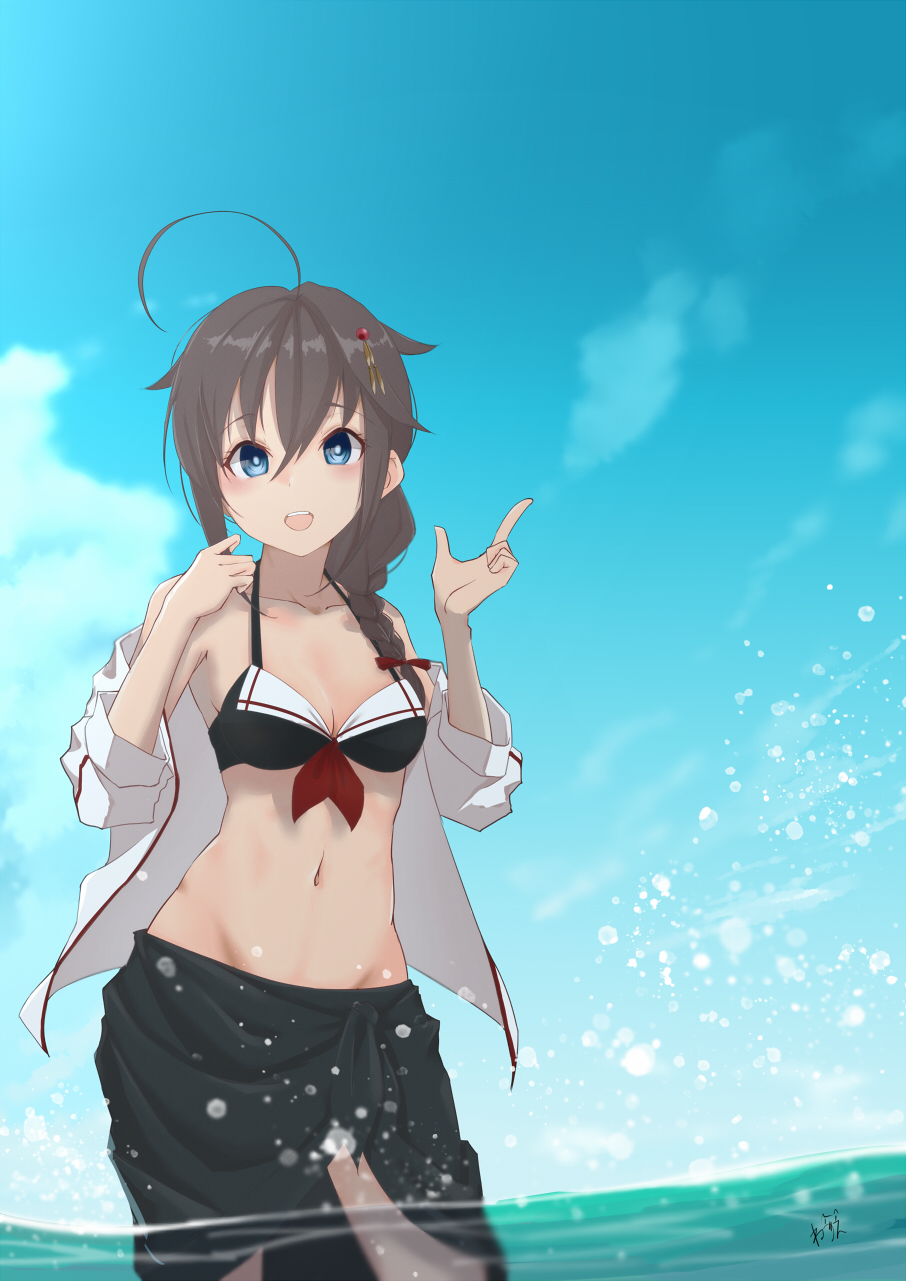 1girl ahoge bikini black_bikini black_hair black_sarong blue_eyes blue_sky braid breasts day hair_flaps hair_ornament hair_over_shoulder highres kantai_collection navel neve official_alternate_costume outdoors partially_submerged sailor_bikini sailor_collar sarong shigure_(kancolle) shigure_kai_ni_(kancolle) single_braid sky small_breasts solo standing swimsuit