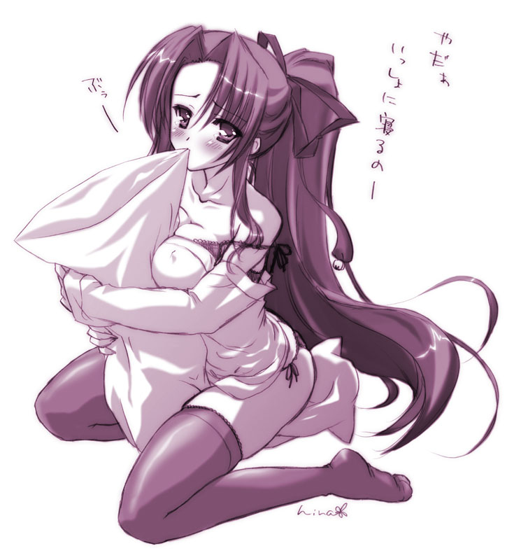 artist_request between_breasts biting blush bra breasts copyright_request covered_nipples crotch_rub lingerie long_hair masturbation medium_breasts monochrome panties pillow pillow_hug pillow_sex side-tie_panties solo thighhighs underwear
