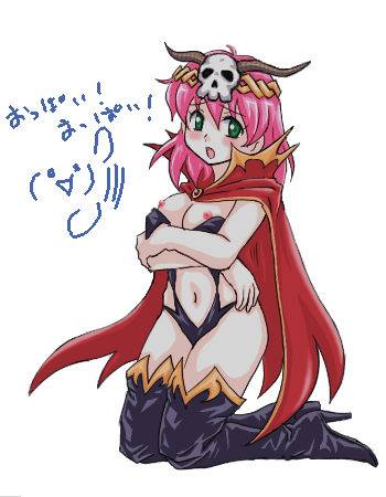 artist_request blush boots breasts cape final_fantasy final_fantasy_v green_eyes large_breasts lenna_charlotte_tycoon lowres necromancer necromancer_(final_fantasy) nipples open_mouth oppai_oppai pink_hair solo thigh_boots thighhighs translated