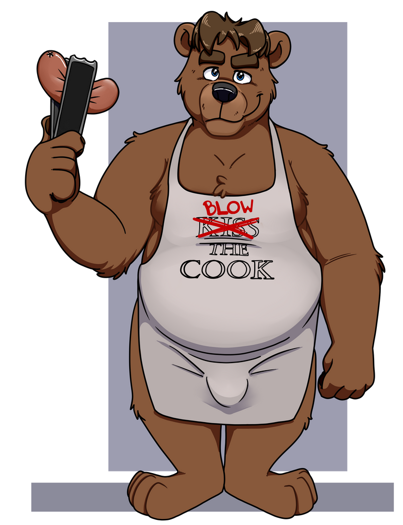 2021 alpha_channel anthro apron black_nose brown_body brown_fur bulge clothing food fur humanoid_hands male mammal neenya overweight overweight_male simple_background solo transparent_background ursid