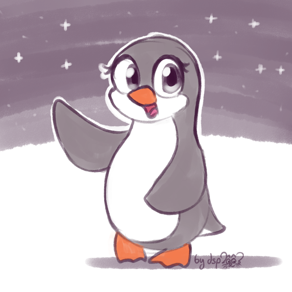 2022 avian bird dsp2003 fan_character female feral flat_colors looking_at_viewer membrane_(anatomy) night open_mouth penguin signature sky snow solo star starry_sky waving_at_viewer webbed_feet