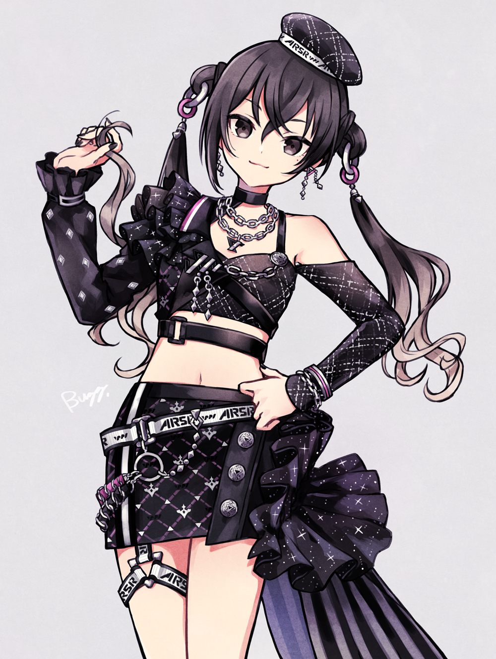 1girl bangs bare_shoulders beret black_eyes black_hair black_headwear black_shirt black_skirt buzz character_name closed_mouth commentary crop_top double_bun grey_background hair_between_eyes hair_bun hand_on_hip hat highres idolmaster idolmaster_cinderella_girls leaning_to_the_side long_sleeves midriff navel puffy_long_sleeves puffy_sleeves shirt signature simple_background skirt sleeves_past_wrists smile solo sunazuka_akira symbol-only_commentary twintails