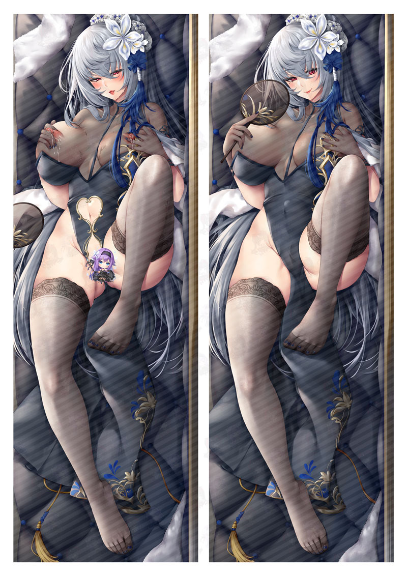 1girl ass azur_lane black_legwear blush breasts censored china_dress chinese_clothes cleavage clothing_cutout dakimakura_(medium) dress flower gold_trim grabbing_own_breast grey_hair hair_between_eyes hair_flower hair_ornament hand_fan holding holding_fan lace-trimmed_legwear lace_trim lactation lactation_through_clothes large_breasts leg_up long_hair looking_at_viewer mole mole_under_eye multiple_views naughty_face navel_cutout nipples no_panties official_alternate_costume red_eyes saint-louis_(alluring_administrator)_(azur_lane) saint-louis_(azur_lane) see-through see-through_dress see-through_legwear sheer_gloves short_sleeves thighhighs very_long_hair white_flower xiao_yao_xiong_(xy450425885)