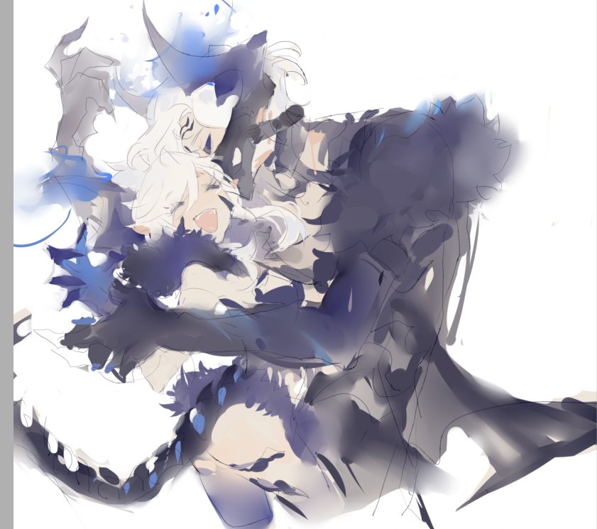 black_sclera blue_eyes ciel_(elsword) closed_eyes colored_sclera demon_boy demon_girl demon_horns demon_tail demonio_(elsword) diabla_(elsword) elsword fang horns hug linbai22 long_hair looking_at_another luciela_r._sourcream open_mouth sketch smile tail white_background white_hair