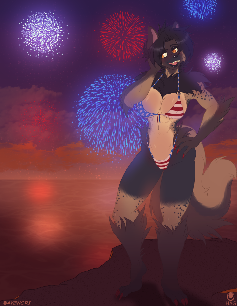 2022 3_toes 4_fingers 4th_of_july american_flag_bikini anthro arm_tuft avencri barefoot big_breasts bikini bikini_bottom bikini_top black_hair black_nose breasts brown_body brown_fur chest_tuft claws cleavage cliff clothed clothing curvy_figure dreaj1 elbow_tuft fangs feet female finger_claws fingers fireworks fur green_eyes hair hand_on_hip hand_on_own_hip hi_res hindpaw humanoid_hands hyaenid looking_at_viewer mammal monica_corduroy navel neck_tuft open_mouth open_smile outside paws ruff signature skimpy skimpy_bikini smile solo spots spotted_body spotted_fur spotted_hyena standing string_bikini swimwear teeth toe_claws toes tongue tuft wide_hips