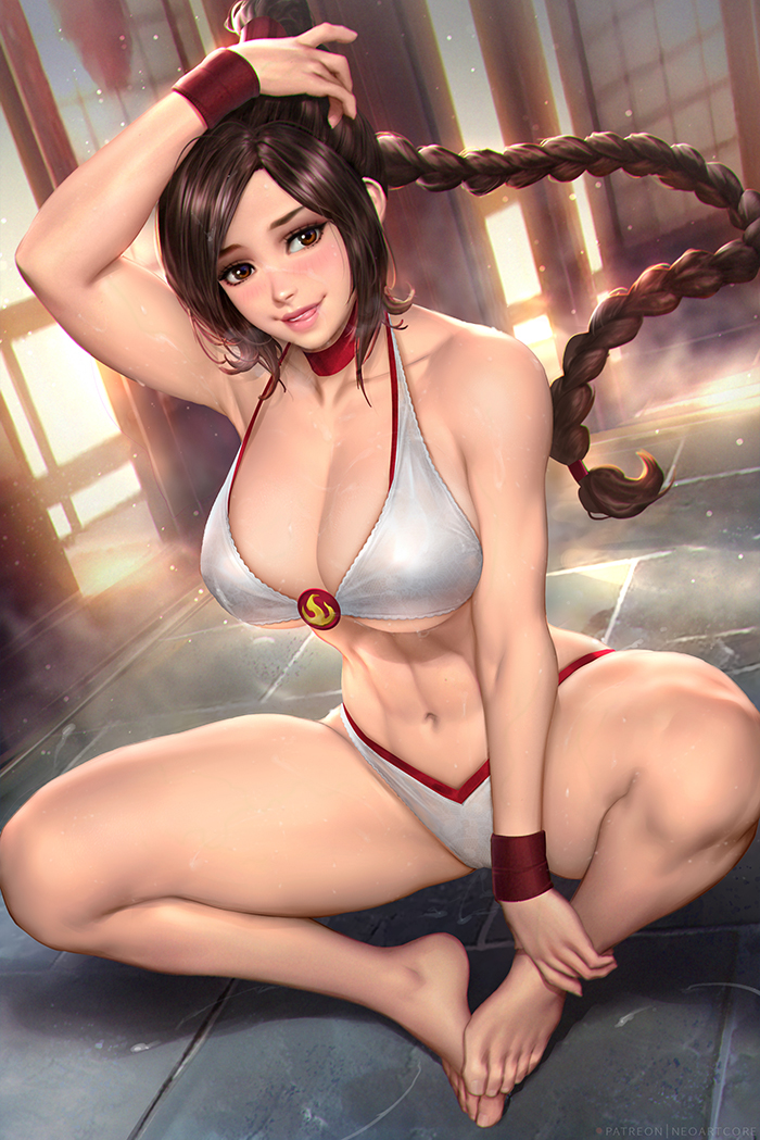 1girl abs arm_up avatar:_the_last_airbender avatar_(series) barefoot bikini braid braided_ponytail breasts brown_eyes brown_hair choker cleavage feet full_body hand_on_own_head hands_on_feet indian_style indoors large_breasts looking_at_viewer midriff navel neoartcore parted_lips red_choker shadow sitting smile solo stomach swimsuit toes toned ty_lee white_bikini