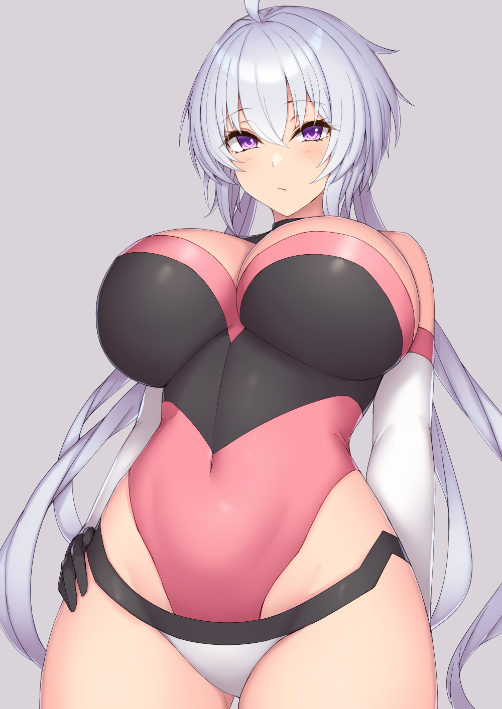 1girl ahoge bare_shoulders blush breasts cleavage covered_navel elbow_gloves etan14 gloves grey_background hand_on_hip highres huge_breasts leotard light_purple_hair long_hair looking_at_viewer low_twintails pink_leotard purple_eyes senki_zesshou_symphogear shiny shiny_hair simple_background solo standing twintails yukine_chris