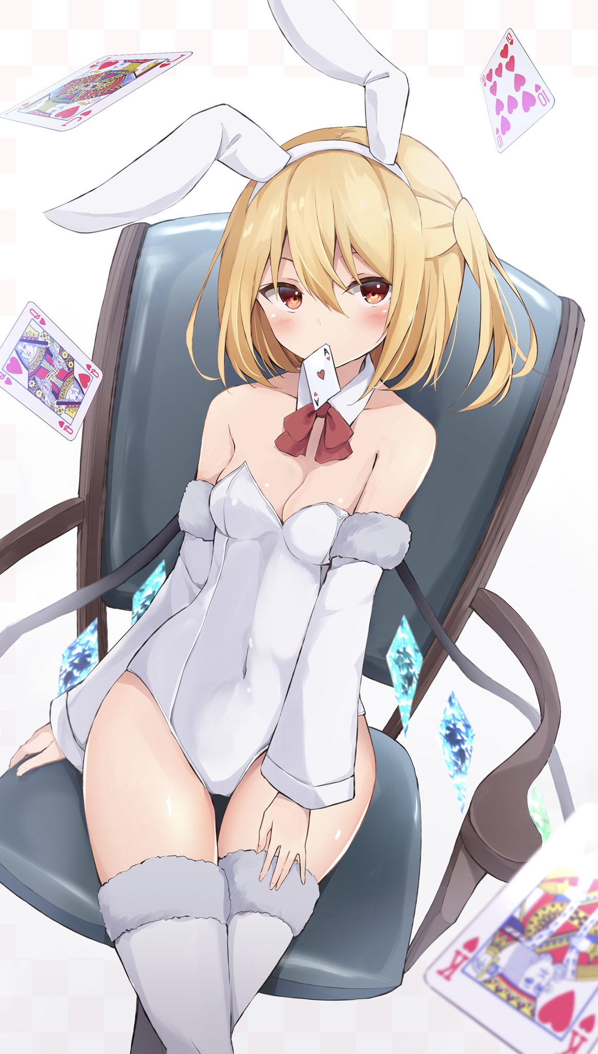 1girl animal_ears bare_shoulders blonde_hair bow bowtie breasts card chair cleavage covered_navel crossed_legs crystal detached_collar detached_sleeves fake_animal_ears flandre_day flandre_scarlet hairband highres hyurasan leotard long_sleeves looking_at_viewer mouth_hold one_side_up playboy_bunny playing_card rabbit_ears red_eyes short_hair sitting small_breasts solo strapless strapless_leotard thigh_gap thighhighs thighs touhou white_legwear white_leotard wings
