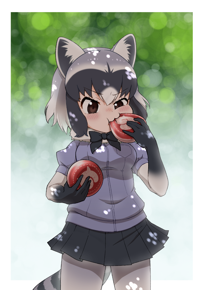 1girl animal_ears black_bow black_bowtie black_gloves black_hair black_skirt blue_sweater blush bow bowtie brown_eyes common_raccoon_(kemono_friends) eating elbow_gloves food fur_collar gloves grey_hair hoshino_mitsuki japari_bun japari_symbol kemono_friends kemono_friends_3 multicolored_hair pantyhose pleated_skirt puffy_short_sleeves puffy_sleeves raccoon_ears raccoon_girl raccoon_tail short_hair short_sleeves sidelocks skirt solo sweater tail two-tone_gloves white_fur white_gloves white_hair white_legwear