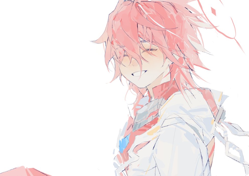 1boy blush closed_eyes elsword elsword_(character) facing_viewer hood linbai22 long_sleeves male_focus open_mouth red_hair sacred_templar_(elsword) short_hair sketch solo teeth white_background