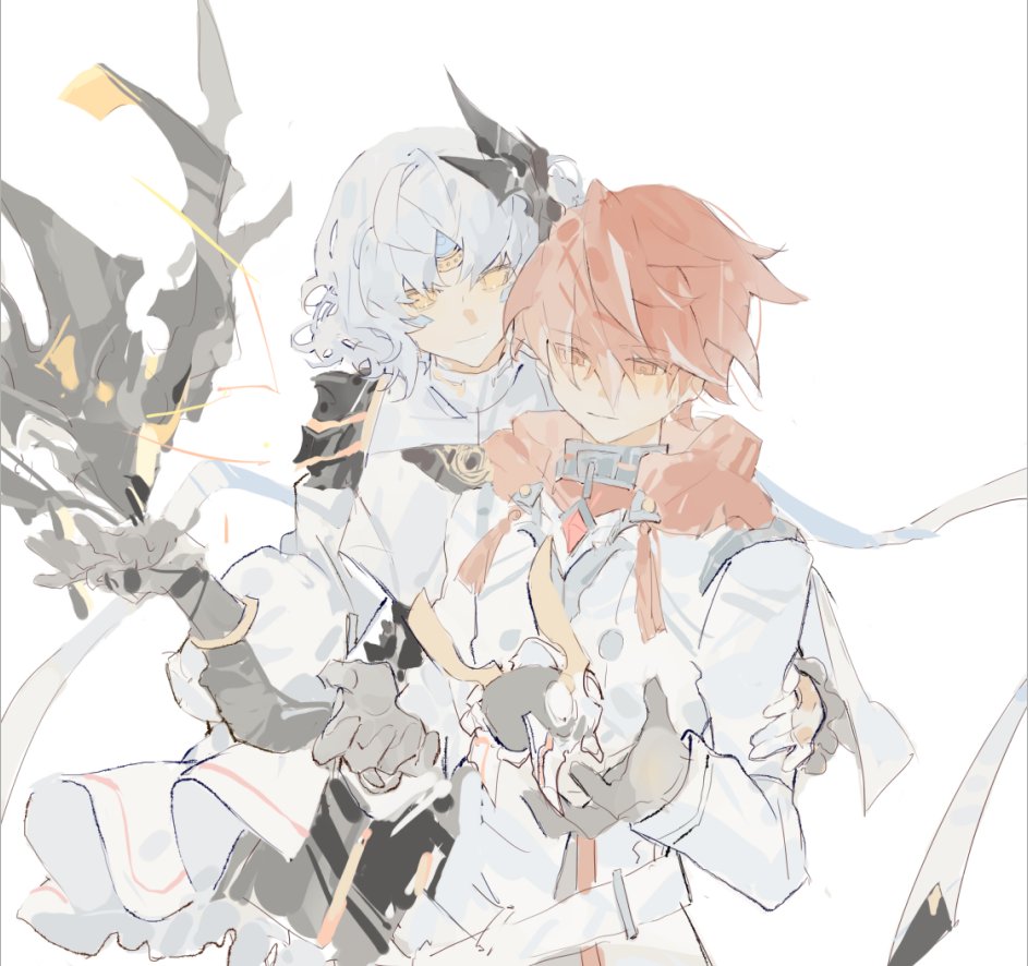 1boy 1girl closed_mouth code:_failess_(elsword) elsword elsword_(character) eve_(elsword) facial_mark facing_viewer forehead_mark gloves linbai22 looking_down multicolored_hair red_eyes red_hair sacred_templar_(elsword) short_hair sketch white_background white_hair yellow_eyes