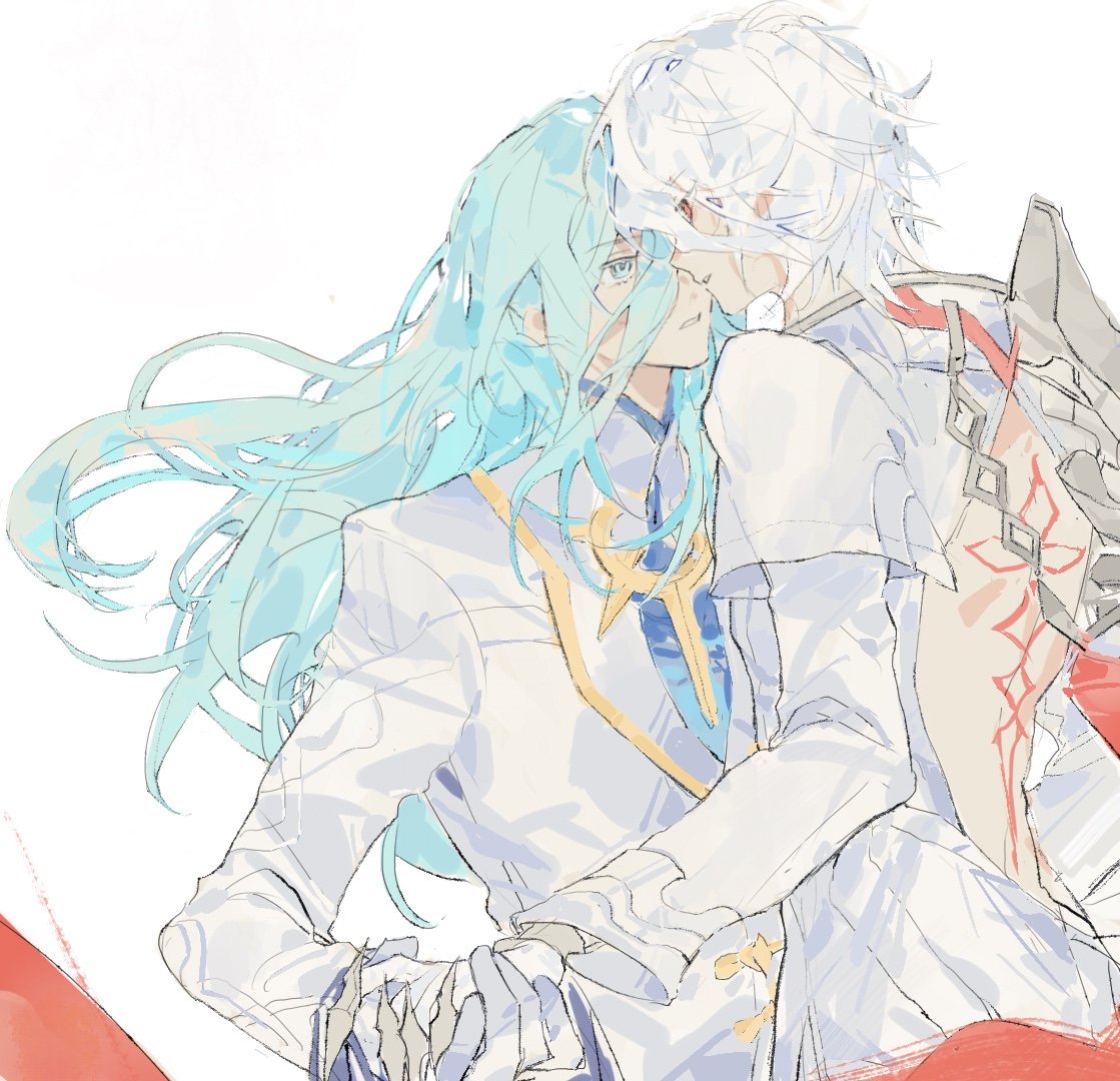 2boys ainchase_ishmael blue_eyes blue_hair elsword elsword_(character) facing_another facing_viewer genesis_(elsword) gloves holding_hands linbai22 long_hair long_sleeves looking_at_another looking_at_viewer multiple_boys parted_lips red_eyes richter_(elsword) sketch white_background white_hair yaoi