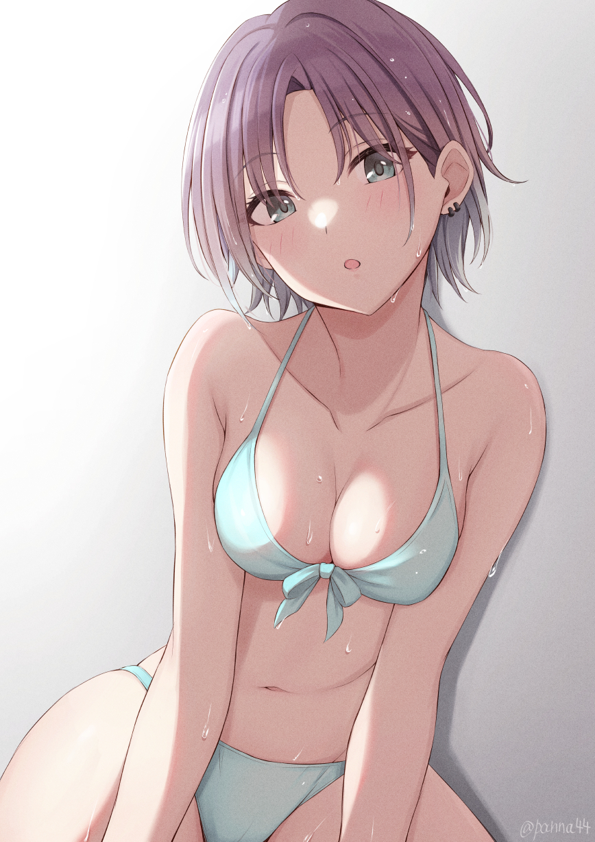 1girl :o aqua_bikini aqua_eyes aqua_swimsuit asakura_toru bangs bare_arms bikini blush breasts cleavage collarbone ear_piercing eyebrows_behind_hair front-tie_bikini front-tie_top gradient gradient_background halterneck highres idolmaster idolmaster_shiny_colors looking_at_viewer medium_breasts multicolored_hair navel open_mouth panna444 parted_bangs piercing short_hair simple_background solo swimsuit two-tone_hair wet wet_clothes wet_hair wet_swimsuit