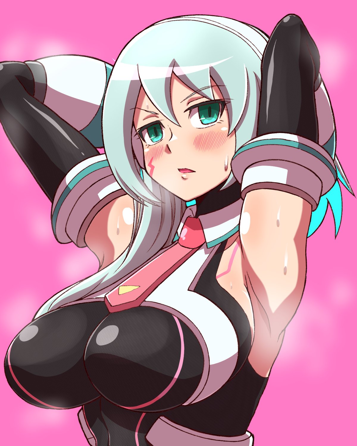 1girl android armpits blue_eyes blush breasts green_eyes hair_ornament highres ico_(megaman_x_dive) long_hair looking_at_viewer mega_man_x_dive noburockman parted_lips pink_background robot solo steaming_body sweat
