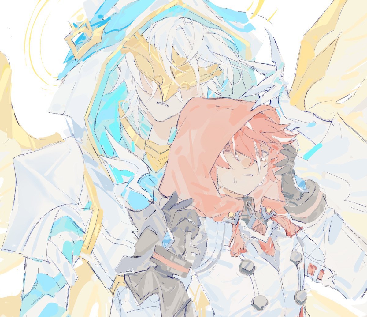 2boys ainchase_ishmael crying crying_with_eyes_open elsword elsword_(character) eye_mask facing_viewer gloves hood hood_up linbai22 lofty:_executor_(elsword) long_sleeves multicolored_hair multiple_boys parted_lips red_eyes red_hair sacred_templar_(elsword) short_hair tears white_hair