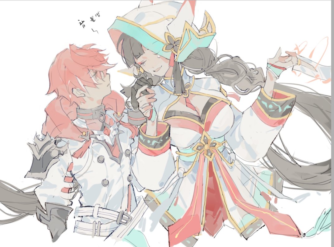 1boy 1girl ara_haan black_hair braid chinese_clothes closed_eyes crying elsword elsword_(character) facing_another linbai22 long_hair looking_at_another marici_(elsword) multicolored_hair red_eyeliner red_hair sacred_templar_(elsword) short_hair sketch white_background white_hair