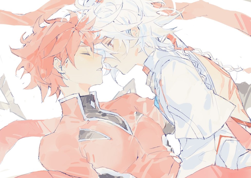 2boys blush closed_mouth elsword elsword_(character) facing_another genesis_(elsword) knight_emperor_(elsword) leaning_back leaning_forward linbai22 long_sleeves male_focus multiple_boys parted_lips red_eyes red_hair short_hair sketch tattoo white_background white_hair