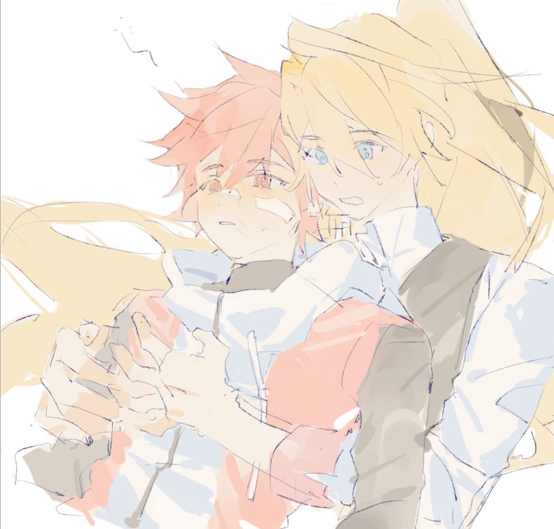 2boys bandaid bandaid_on_face blonde_hair blue_eyes blush chung_seiker comet_crusader_(elsword) elsword elsword_(character) hug hug_from_behind linbai22 long_hair long_sleeves multiple_boys open_mouth ponytail red_eyes red_hair short_hair sketch sword_knight_(elsword) turtleneck vest white_background yaoi