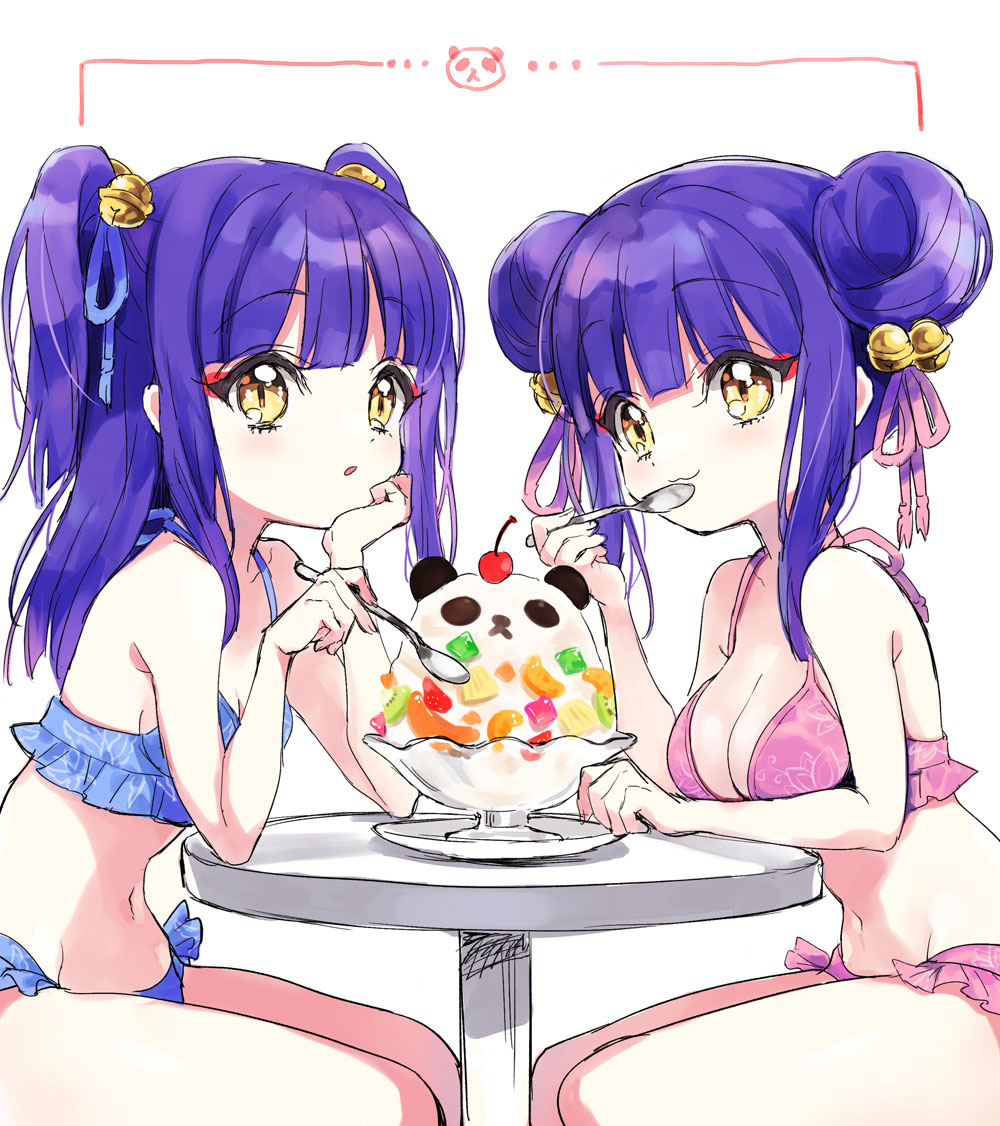 2girls :3 bell bikini blue_bikini blue_hair blush breasts cleavage closed_mouth double_bun eyebrows_behind_hair food hair_bell hair_bun hair_ornament hair_ribbon ice_cream jashin-chan_dropkick kyon-kyon_(jashin-chan_dropkick) large_breasts looking_at_viewer multiple_girls navel official_art open_mouth pink_bikini ran-ran ribbon siblings simple_background sisters small_breasts smile swimsuit twintails white_background yellow_eyes yukiwo