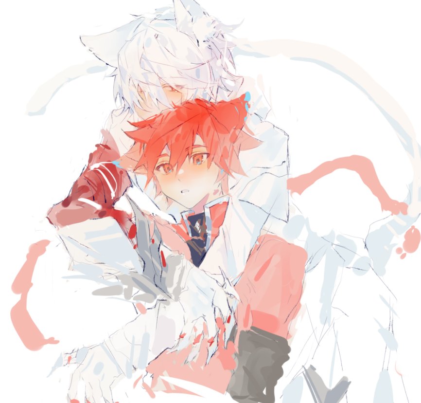 2boys animal_ears blush cat_boy cat_ears elsword elsword_(character) genesis_(elsword) hug hug_from_behind knight_emperor_(elsword) linbai22 multiple_boys open_mouth parted_lips red_eyes red_hair scarf short_hair sketch teeth white_background white_hair