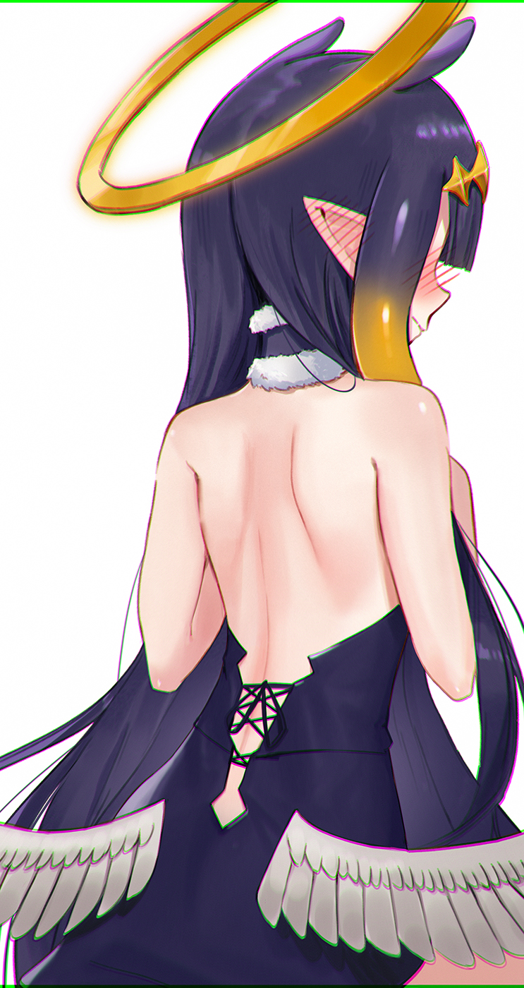 1girl animal_ears back backless_dress backless_outfit bangs black_dress blunt_bangs blush closed_mouth dress from_behind halo hands_up highres hololive hololive_english long_hair multicolored_hair ninomae_ina'nis orange_hair pointy_ears profile purple_hair ranyu simple_background solo symbol-only_commentary tentacle_hair very_long_hair virtual_youtuber white_background white_wings wings