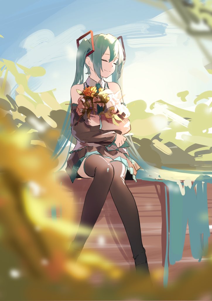 absurdly_long_hair aqua_hair aqua_skirt bangs bare_shoulders black_legwear black_skirt black_sleeves blue_sky blurry blurry_foreground bouquet chinese_commentary closed_eyes collared_shirt commentary_request day detached_sleeves flower full_body hair_between_eyes hatsune_miku jiuyesang knees_together_feet_apart long_hair long_sleeves object_hug shirt sitting skirt sky sleeveless sleeveless_shirt sleeves_past_wrists smile thighhighs twintails two-tone_skirt very_long_hair vocaloid
