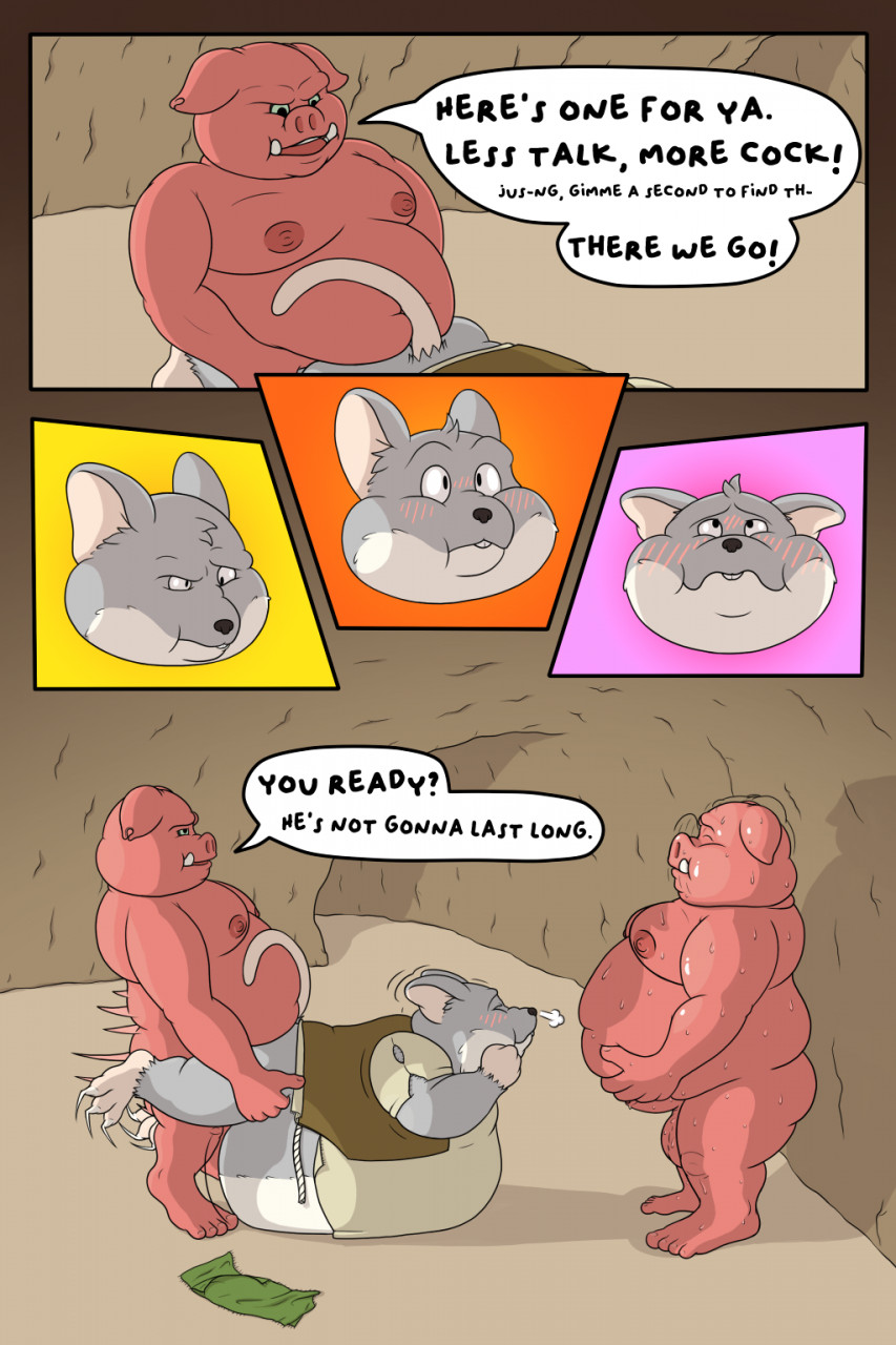 2022 anthro belly big_belly black_nose blin_(tloz) blush cave comic dialogue english_text grey_body group hi_res inside male male/male mammal moblin moobs mouse murid murine nintendo nipples obese obese_male overweight overweight_male rodent sex shield_moblin shori_d skyward_sword text the_legend_of_zelda video_games