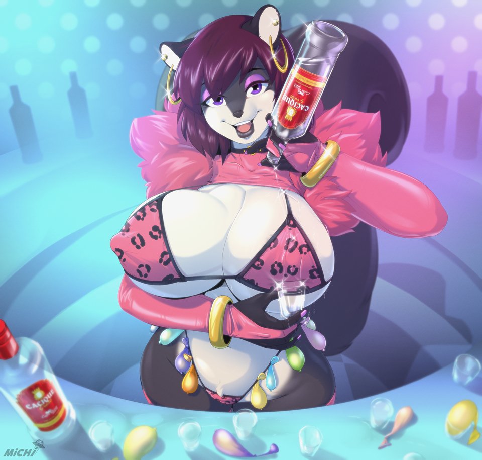 alcohol beverage big_breasts bikini breasts charlotte_(baconbakin) clothing condom ear_piercing ear_ring eyeshadow female filled_condom galacticmichi hair jewelry looking_at_viewer makeup mammal piercing purple_eyes purple_hair ring_piercing rodent sciurid sexual_barrier_device smile smiling_at_viewer solo swimwear