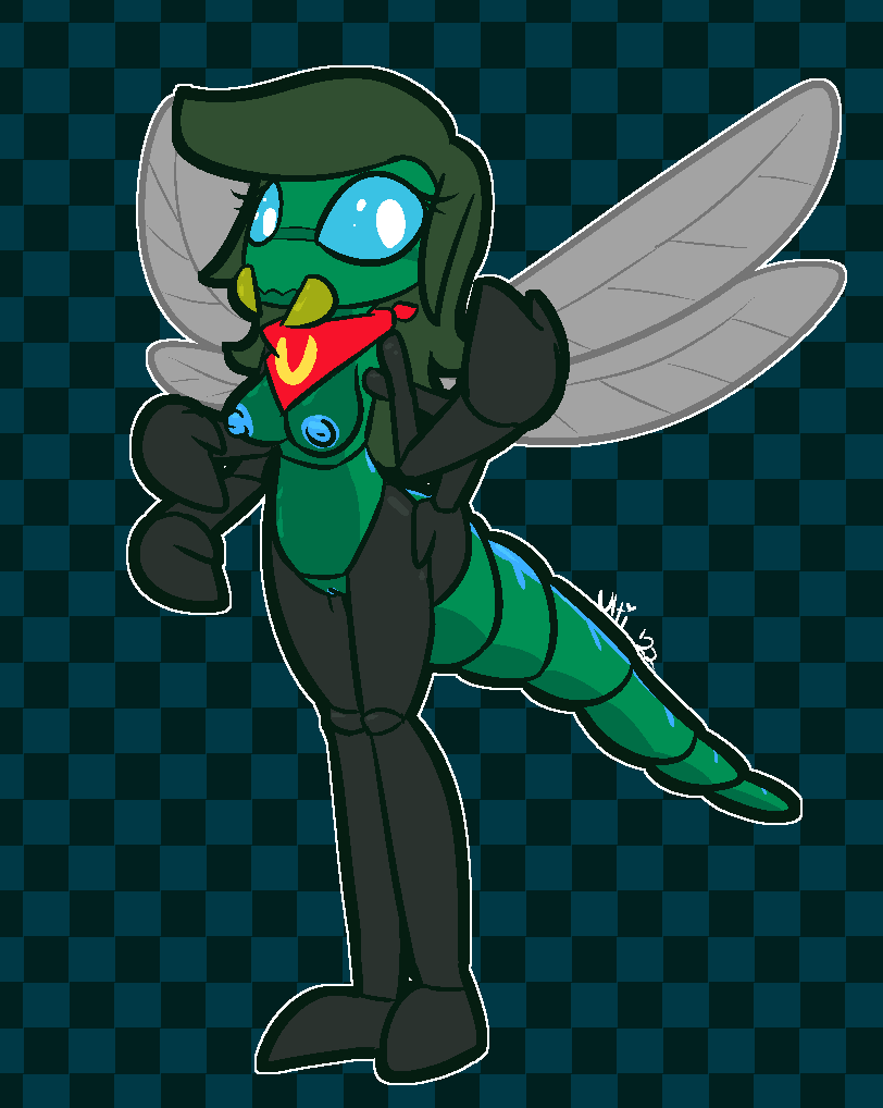 2022 2_fingers 4_arms anthro arthropod bandanna black_body black_exoskeleton blue_nipples blue_pussy blue_sclera breasts dragonfly dragonfly_ulti exoskeleton female fingers genitals green_body green_exoskeleton green_hair green_sclera grey_wings hair hand_on_hip insect insect_wings kerchief multi_arm multi_limb nipples pussy red_bandanna red_kerchief small_breasts solo standing ulti_(ultilix) ultilix white_eyes wings yellow_bandanna yellow_kerchief