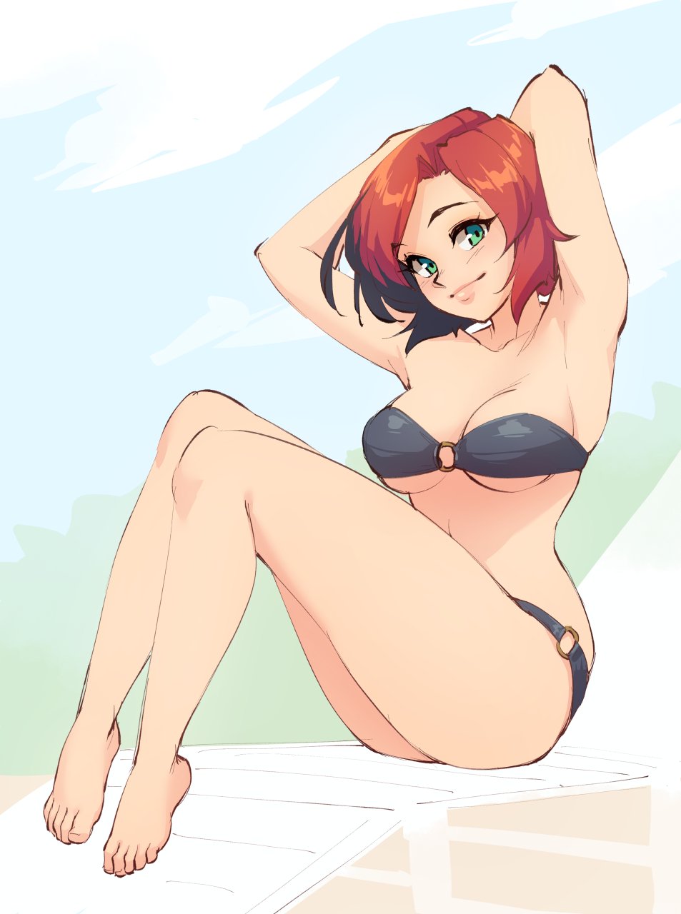 1girl armpits arms_behind_head arms_up bare_arms bare_legs barefoot bikini bikini_day black_bikini black_hair breasts commentary feet full_body green_eyes highres looking_at_viewer medium_breasts monorus multicolored_hair o-ring o-ring_bikini original red_hair remi_(monorus) short_hair sitting smile solo swimsuit two-tone_hair