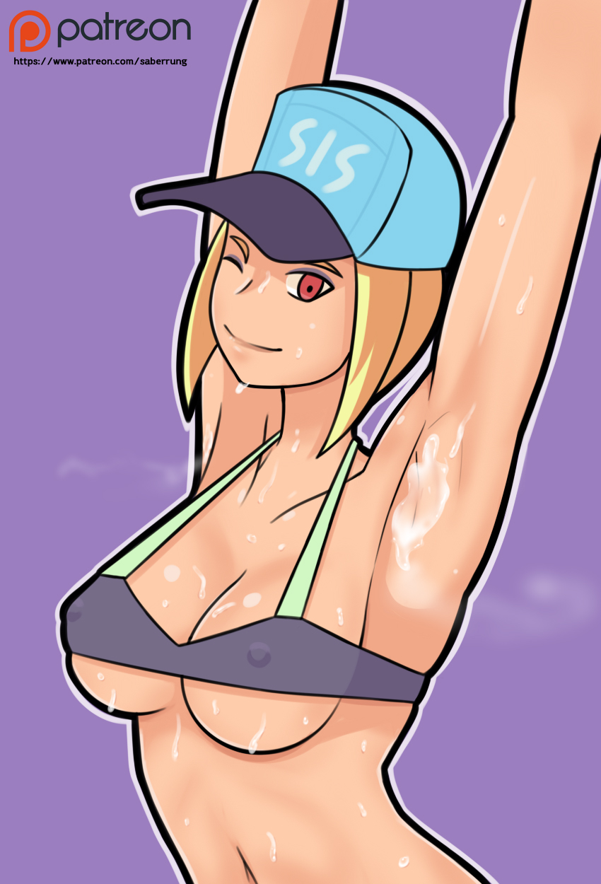 1girl armpits arms_up bikini blonde_hair breasts cleavage covered_nipples curvy hat highres looking_at_viewer navel one_eye_closed original patreon_logo patreon_username purple_background red_eyes saberrung short_hair simple_background small_breasts smile solo sport_girl_(saberrung) steam steaming_body stomach stretch sweat swimsuit underboob
