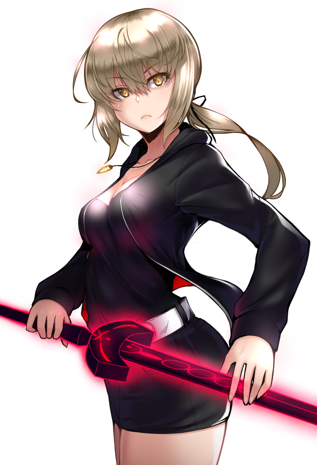 1girl artoria_pendragon_(fate) bangs black_camisole black_jacket black_ribbon black_shorts blonde_hair breasts camisole cleavage collarbone excalibur_morgan_(fate) fate/grand_order fate/stay_night fate_(series) hair_ribbon highres jacket jewelry long_hair long_sleeves looking_at_viewer low_ponytail medium_breasts necklace open_clothes open_jacket ribbon saber_alter saber_alter_(ver._shinjuku_1999)_(fate) short_shorts shorts sidelocks solo sword taru_neko thighs weapon yellow_eyes
